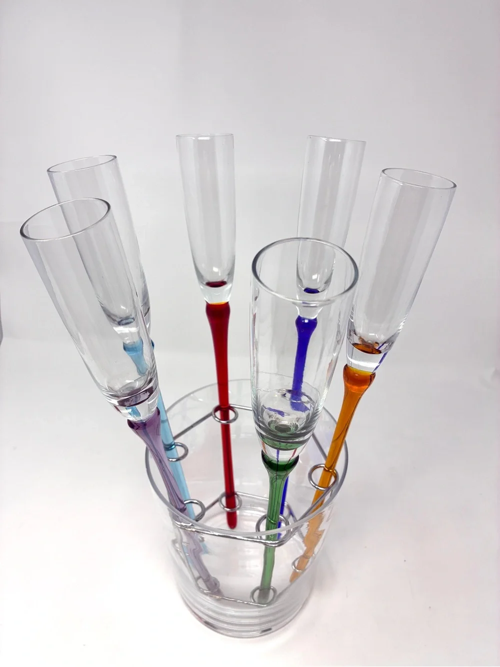 Vintage Lot of 6 Artland Hand Blown Champagne Flutes & Rack & Vase Ice Bucket